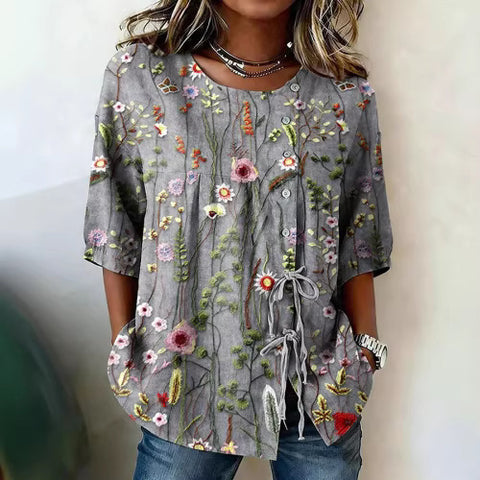 Color matching loose blouse five-button drawstring shirt m302758
