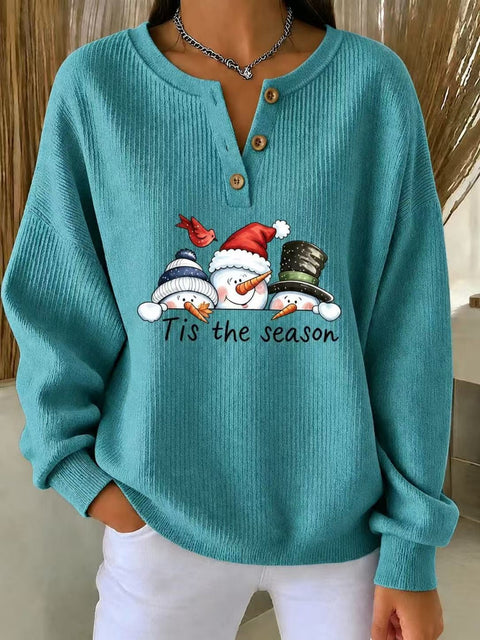 Christmas snowman carrot nose print women's button sweater FF303494