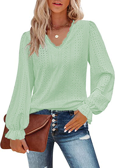 V-Ausschnitt Hohl Casual Plissee Ärmel Top Shirt Herbst m300647