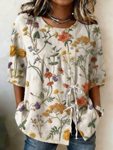 Color matching loose blouse five-button drawstring shirt m302758