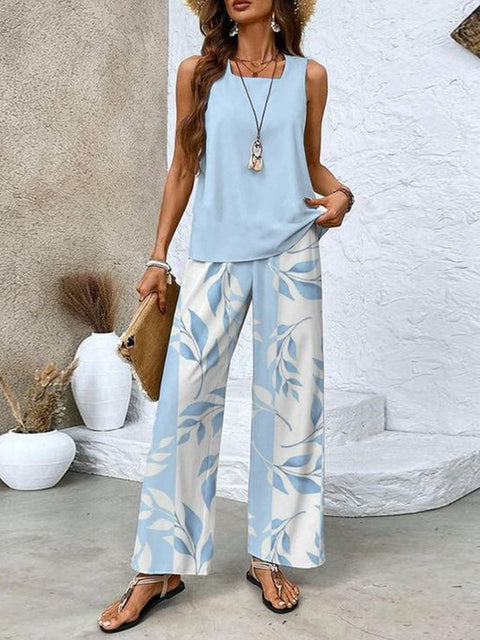 Lässige Pulloverweste mit quadratischem Ausschnitt und Hose mit Digitaldruck für Damen, zweiteilig, m301436 