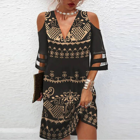 Robe à manches mi-longues et col en V avec coutures en maille fleurie M300180 
