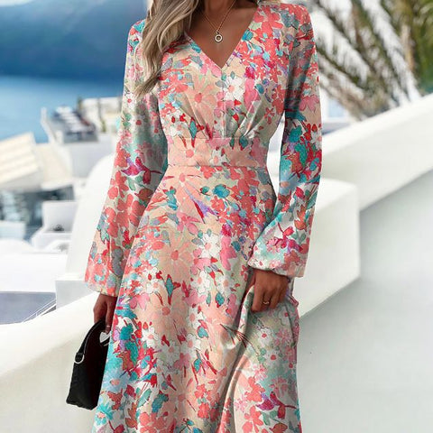 Robe imprimée tendance à col en V et manches longues m300931 