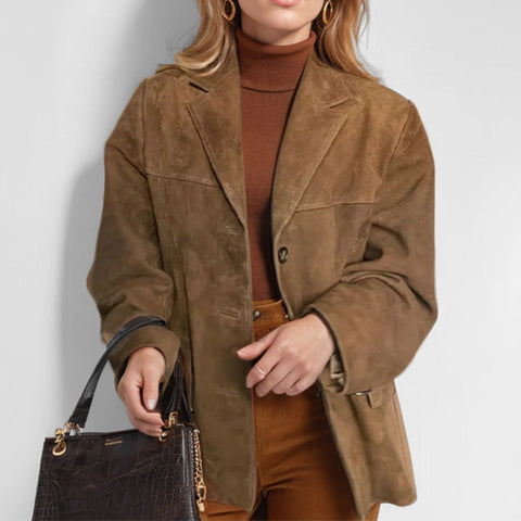 Blazer long ample marron rétro pour femme avec poches, manches longues, m301193