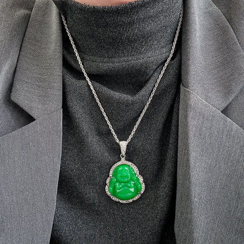 Pendentif Bouddha Maitreya en calcédoine malaise serti de diamants de style chinois, pendentif Bouddha Maitreya à gros ventre m3331257