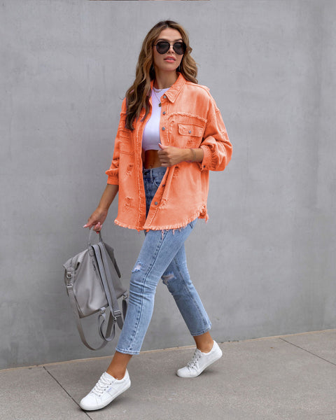 Veste en jean déchirée à ourlet brut, haut décontracté à manches longues et col polo M300220 