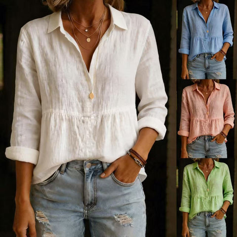 Women's casual loose fashion solid color cotton blend long sleeve pullover shirt m302337