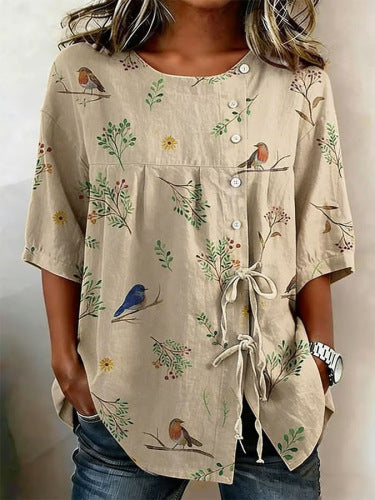 Color matching loose blouse five-button drawstring shirt m302758