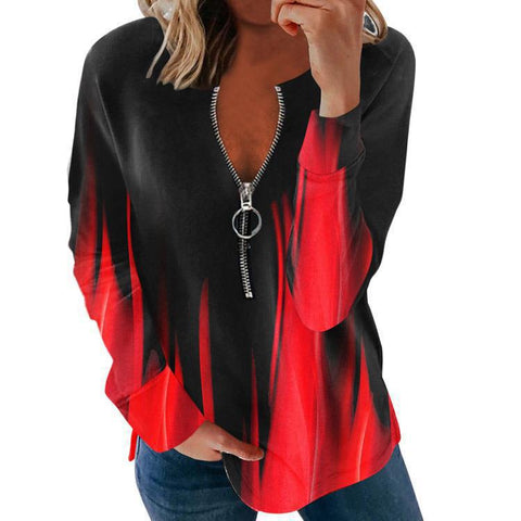 Pull à manches longues et col en V pour femme, imprimé floral, fermeture éclair, M300196 