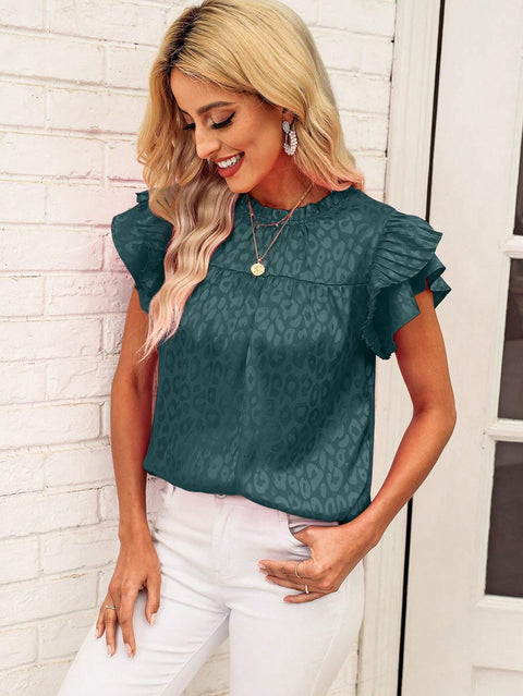 Haut polyvalent à manches longues et col ondulé pour femme, imprimé feuilles de lotus, M300881 