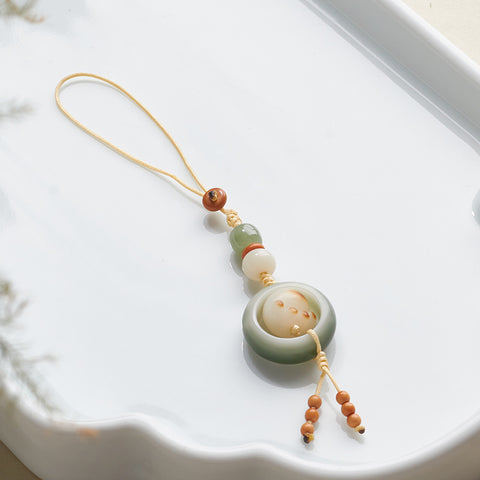 Anneau de course en jade blanc Bodhi racine chaîne de téléphone portable tissé à la main mignon Dongling jade porte-clés pendentif m3331261 
