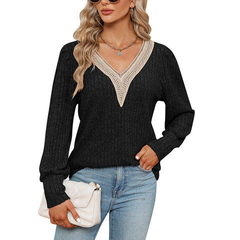 T-shirt ample à manches longues et col en V pour femme, en dentelle, avec bandes sous les aisselles, poli, ample, m300519 