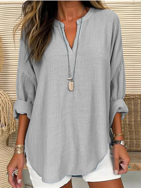 Petit T-shirt à manches longues et col en V pour femme, boutonné sur l'épaule, ourlet incurvé, m301361 