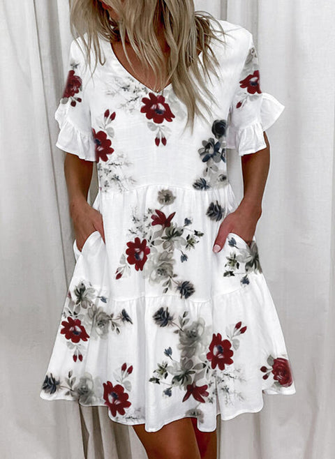 Short Print Ruffled Pocket Dress M300182