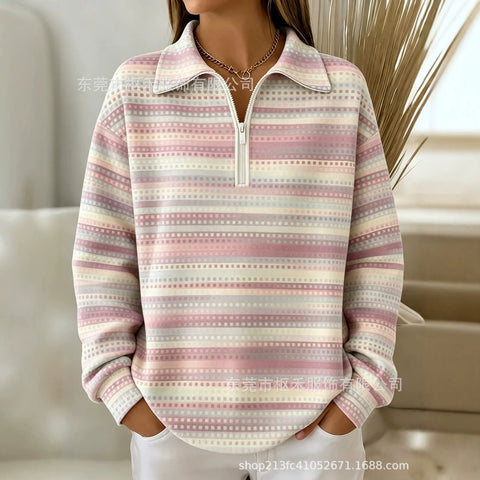 Lapel Striped Pen Print Women's Half Zip Sweater FF303305