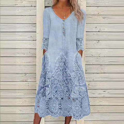 Robe à épissure en dentelle, jupe imprimée à manches courtes pour femme m300386 