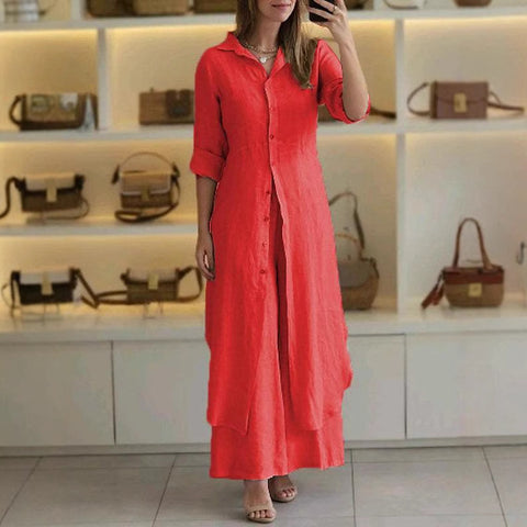 Ensemble élégant en coton et lin, coupe ajustée, chemise à manches longues et pantalon large m301063 