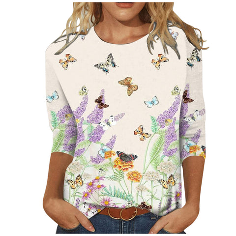 T-shirt ample à col rond et manches 3/4 pour femme, imprimé M300227 