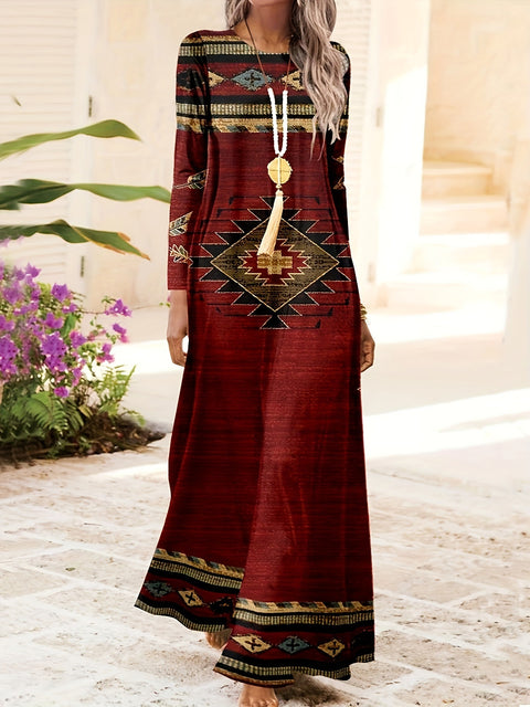 Robe longue à imprimé géométrique et col rond, style rétro ethnique, m300711 