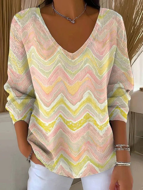 Shoulder V-Neck Long Sleeve Pullover 3D Digital Printing Women's Top T-Shirt m302616