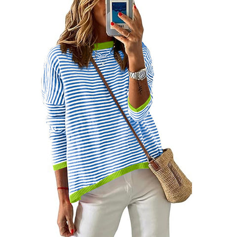 Crew neck striped contrasting color long-sleeved casual sweater m300958