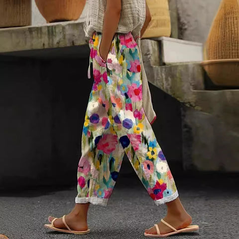 Damenhose mit Taschen und lässigem Druck, elastische Taille, gerade geschnittene Hose m301372 
