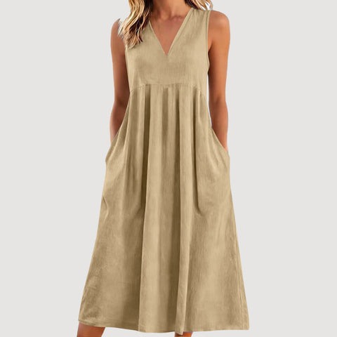Solid color pullover V-neck sleeveless cotton loose dress m302773