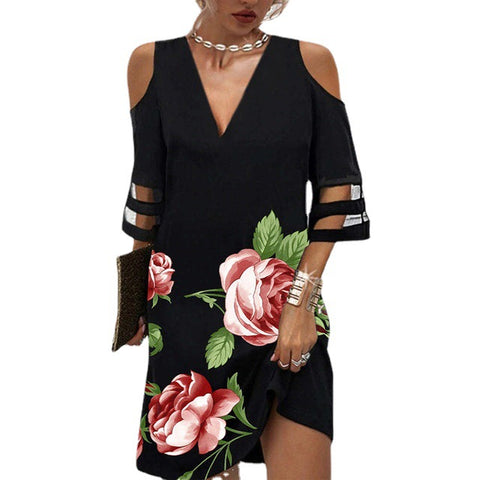 Robe à manches mi-longues et col en V avec coutures en maille fleurie M300180 