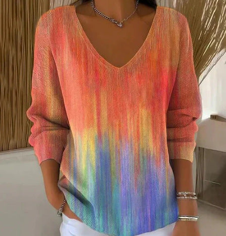 Shoulder V-neck long-sleeved autumn leaf 3D digital printing women's top FF303401 01