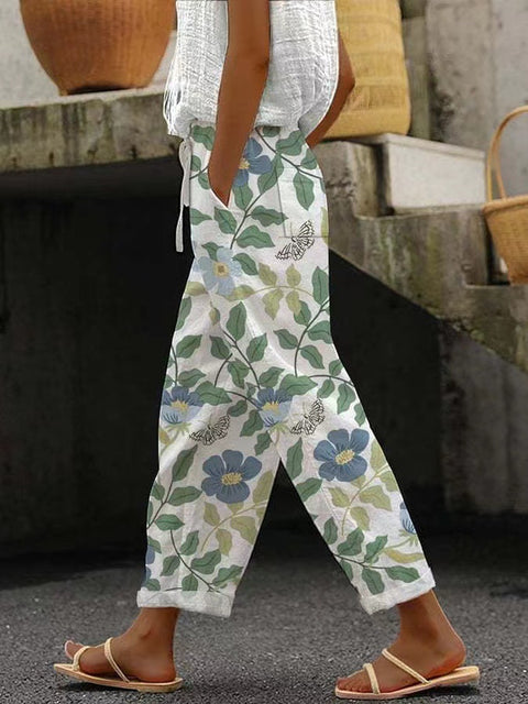 Damenhose mit Taschen und lässigem Druck, elastische Taille, gerade geschnittene Hose m301372 