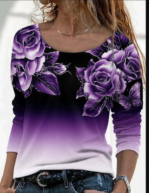 Langärmliges, lockeres, lässiges Pullover-T-Shirt mit Rundhalsausschnitt und 3D-Druck für Damen m300857 