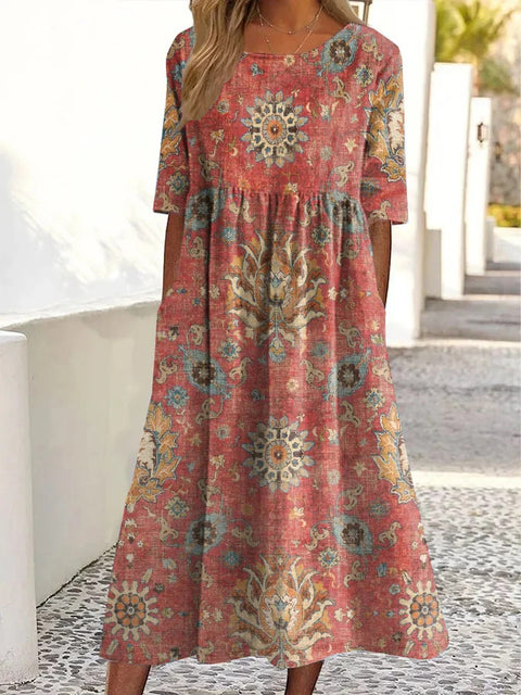 Robe d'été imprimée à col ras du cou et taille mi-haute m301250 