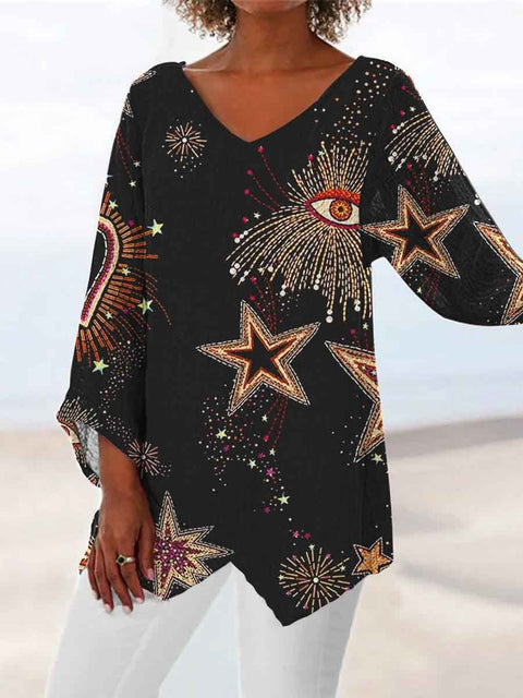 Damen-T-Shirt mit V-Ausschnitt und neunviertellangen Ärmeln und Tiermotiven, lockeres Motiv, m301289 