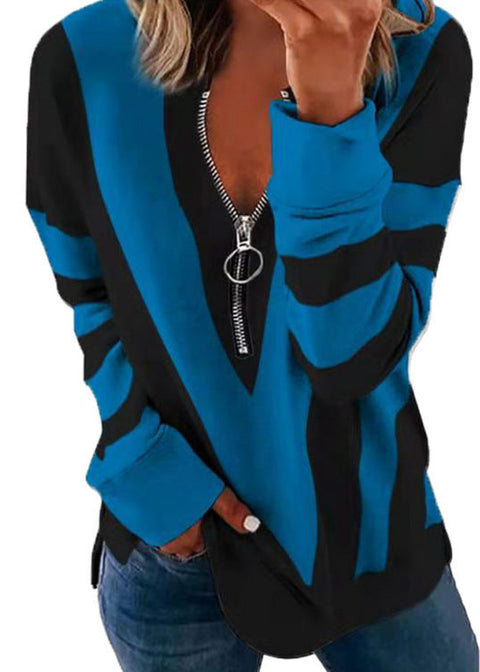 Pull à manches longues et col en V pour femme, imprimé floral, fermeture éclair, M300196 