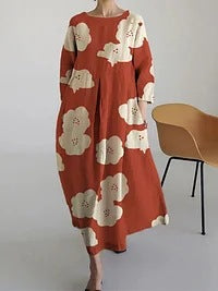 Robe ample à col ras du cou et manches longues imprimée haut de gamme m301044