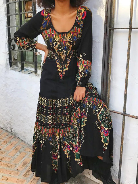 Robe élégante à manches longues, imprimé automne, col en U, style vacances balnéaires, m300927 
