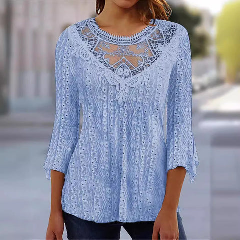 Nouvelle chemise confortable et décontractée à manches sept-quarts avec dentelle creuse et épissure m300154 
