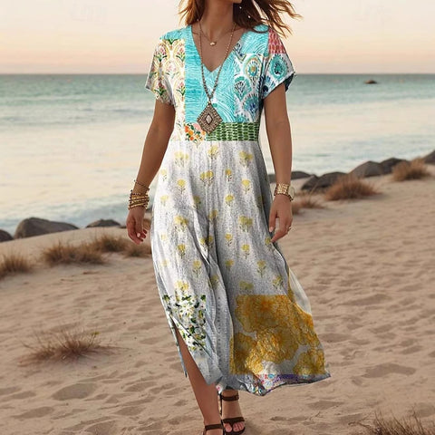 Robe d'été à manches courtes et col en V pour femme, motif floral créatif, nouvelle collection m301230 