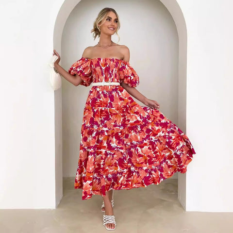 Robe longue imprimée à manches bouffantes et épaules dénudées pour femme M300282 