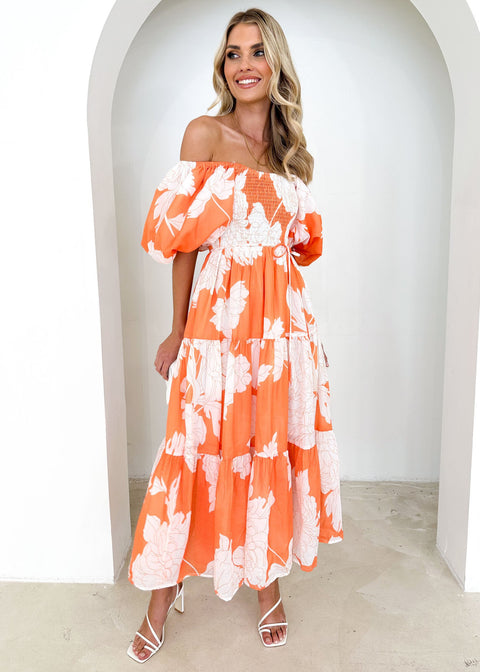 Robe élégante à imprimé floral, épaules dénudées, manches bouffantes, M300289 