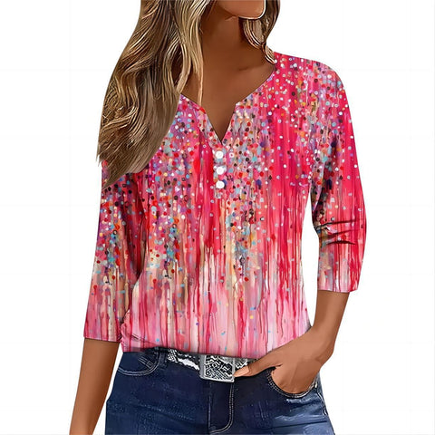 Col en V, manches sept-quarts à trois boutons, imprimé floral, vêtements amples pour femmes à la mode et décontractés m300565 