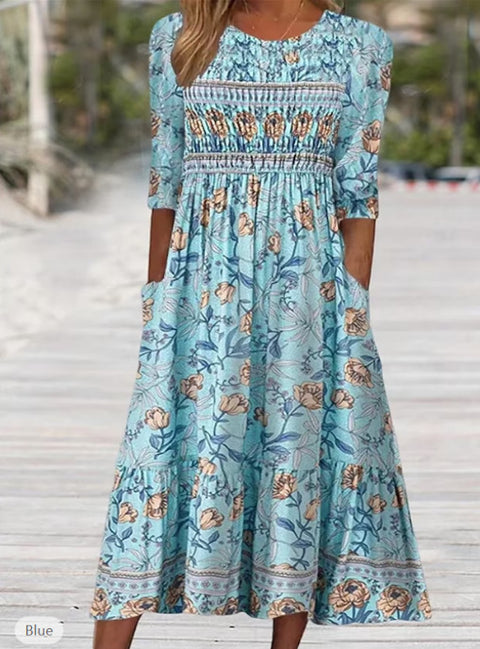 Robe longue décontractée à col ras du cou et manches courtes pour femme, imprimé 3D, taille plissée, style trapèze, m301299 