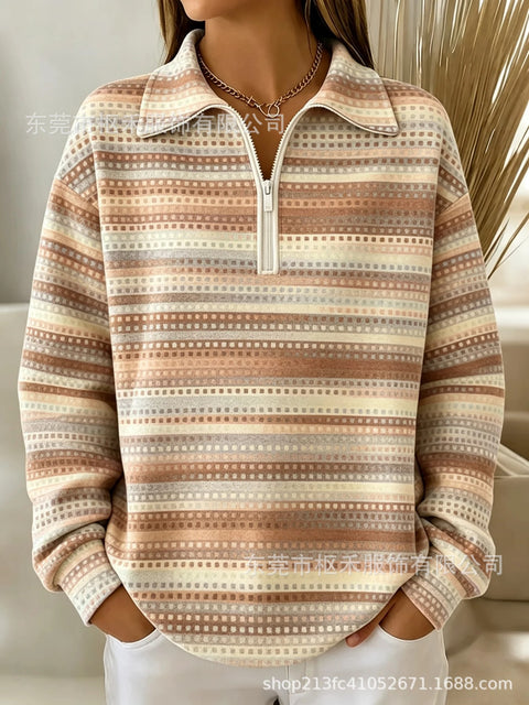 Lapel Striped Pen Print Women's Half Zip Sweater FF303305