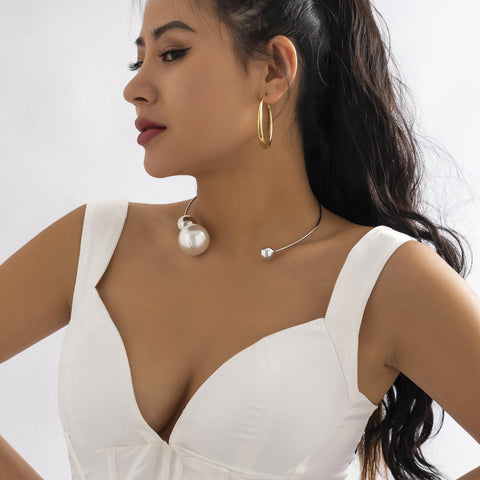 Collier de perles en or avec anneau circulaire ouvert, collier de perles rondes asymétrique et minimaliste pour femme m3331192 