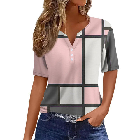 Haut femme à manches courtes et col en V, imprimé 3D, trois boutons, m300617 
