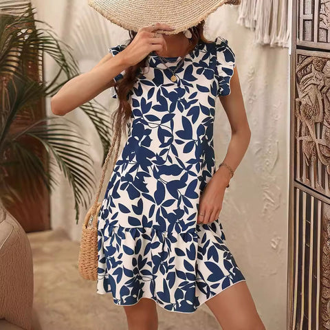 Robe à col ras du cou et manches volantées, imprimé feuilles de lotus, pour femme, M301018 