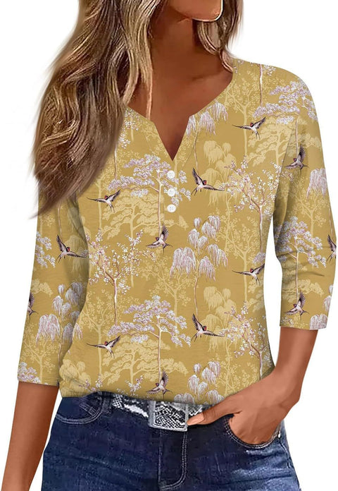 Vêtements pour femmes à motif marbré, col en V, trois boutons, manches sept-quarts, m300581 