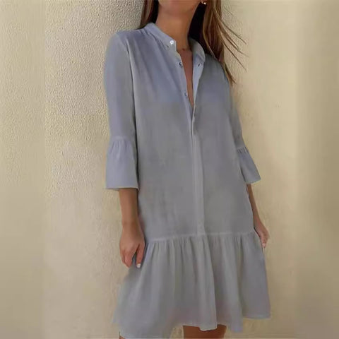 Robe chemise boutonnée à col montant et manches 9/4 en coton avec ourlet plissé m300679 
