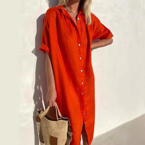 Robe chemise élégante, décontractée, ample, à manches courtes, en coton et lin, avec poches longues, m301256 