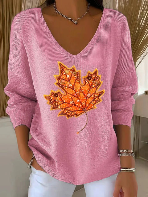Shoulder V-neck long-sleeved autumn leaf 3D digital printing women's top FF303401 01